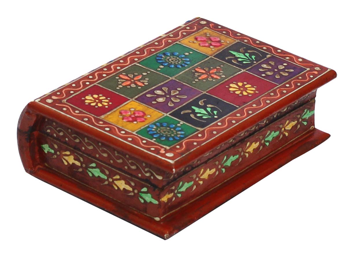 Book Shaped 7” Wooden Jewelry Box in Bulk - Wholesale Jewelry Box/Trinket Box in Wood Decorated with Old World Cone Painting Art in Traditional-Look Colorful Motifs from India