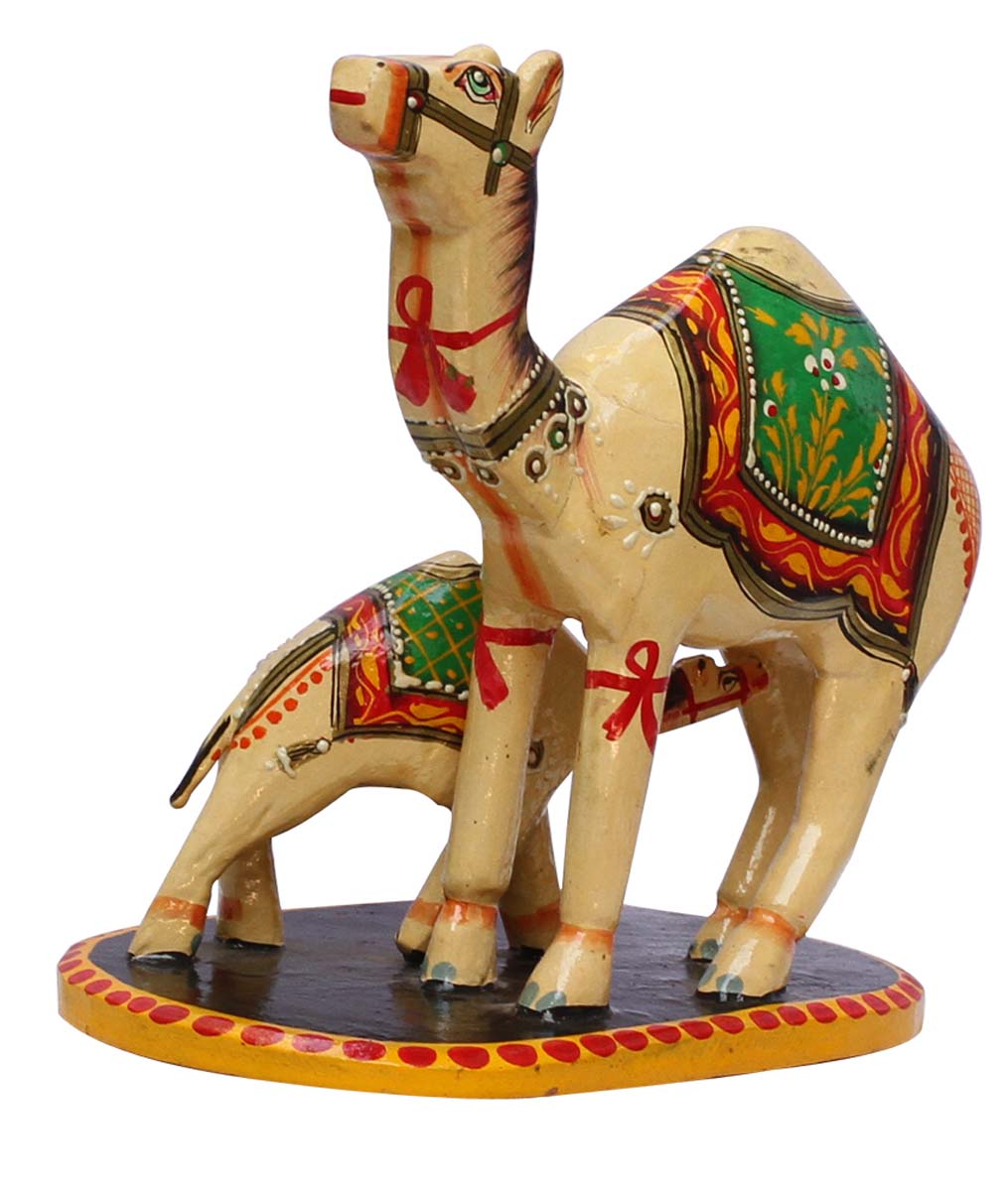 Wholesale Hand-Carved 9” Decoration Piece of Cream Colored Camel with Baby Camel in Mango-Wood – Antique-Look Home Décor from India