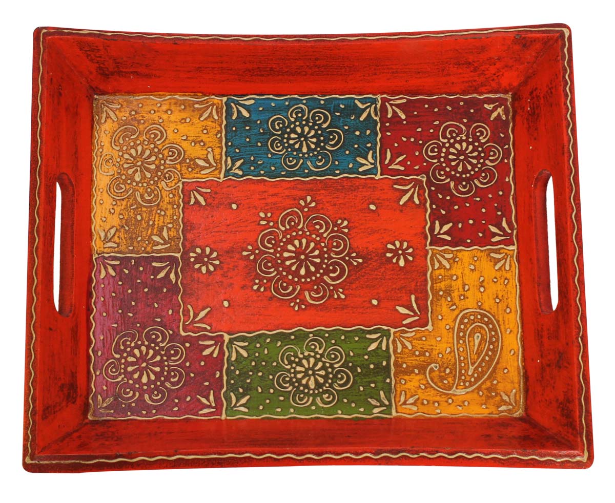 Bulk Wholesale Handmade Set of 2 Orange Serving Trays in Mango-Wood Decorated with Old-World Art of Cone Painting in Bright Colorful Motifs – Antique-Look Trays from India