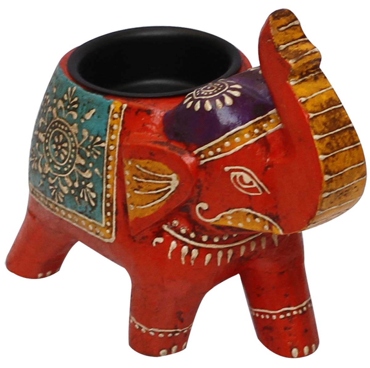 Bulk Wholesale 4” Hand-Crafted Elephant Candle Stand / Tea-Light Holder in Multicolors– Home Décor in Mango-Wood Enhanced with Old-World Cone-Painting Art