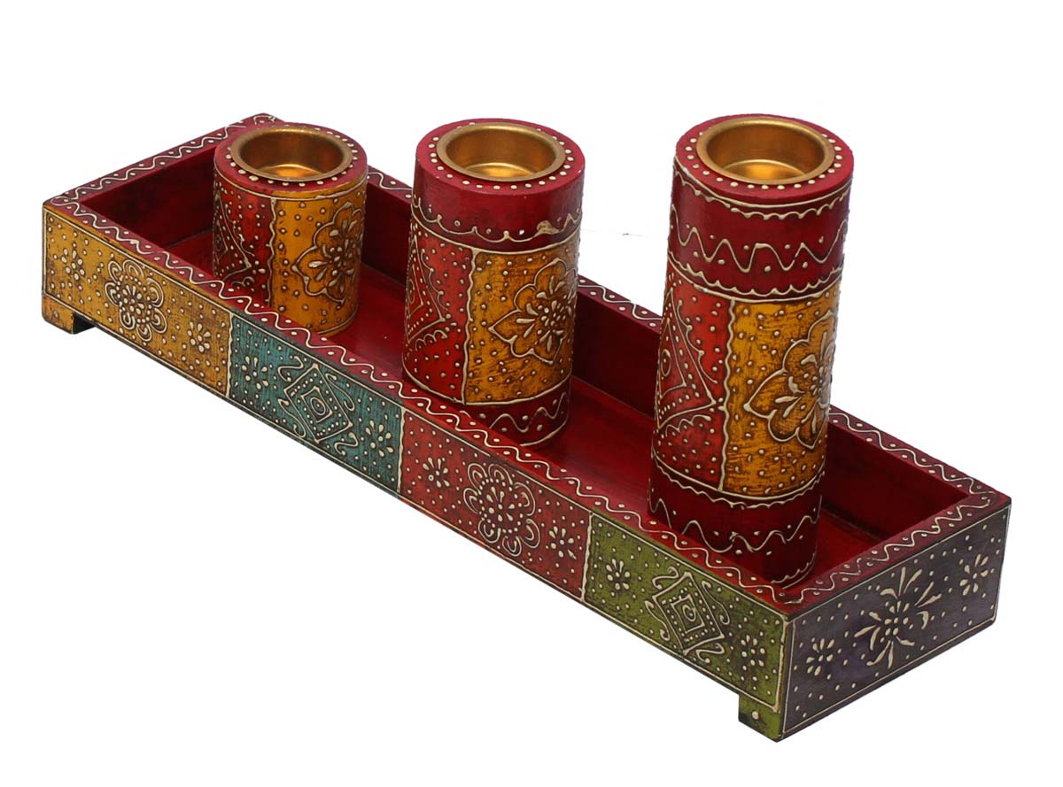 Bulk Wholesale Handmade Set of 3 Candle Holders Placed in a Tray in Wood – Art-Piece Decorated with Old World Art of Cone-Painting – Ethnic-Look Home Décor from India
