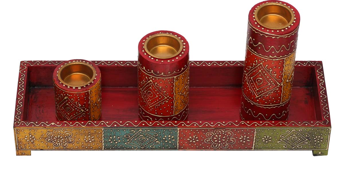 Bulk Wholesale Handmade Set of 3 Candle Holders Placed in a Tray in Wood – Art-Piece Decorated with Old World Art of Cone-Painting – Ethnic-Look Home Décor from India