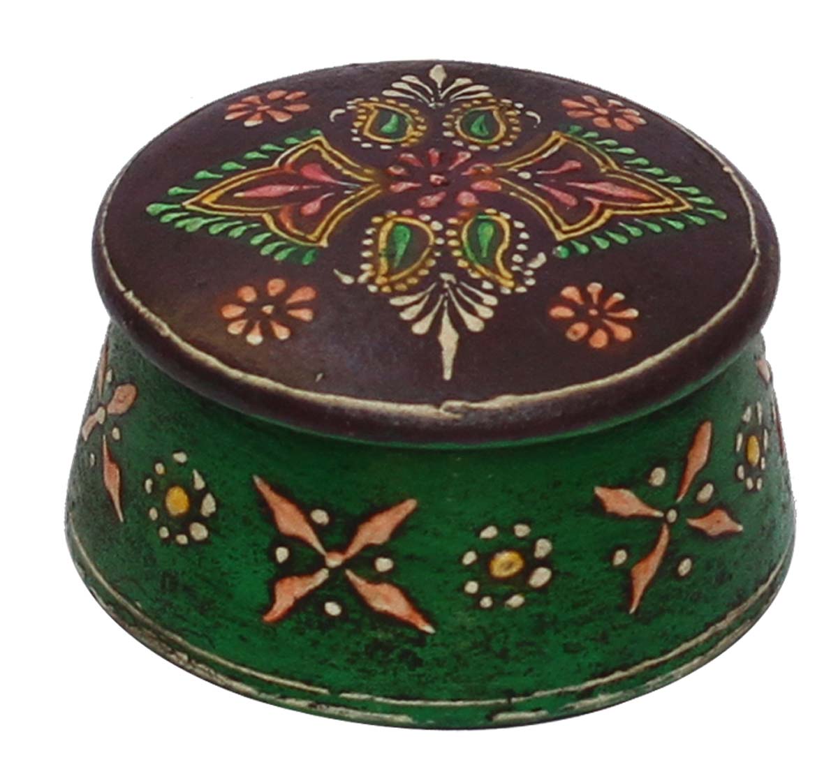 Bulk Buy Rectangular 3” Wooden Purple & Green Ring-Holder /Jewelry Box - Wholesale Jewelry Box/Trinket Box Decorated with Ethnic-Style Colorful Cone-Painting Art from India