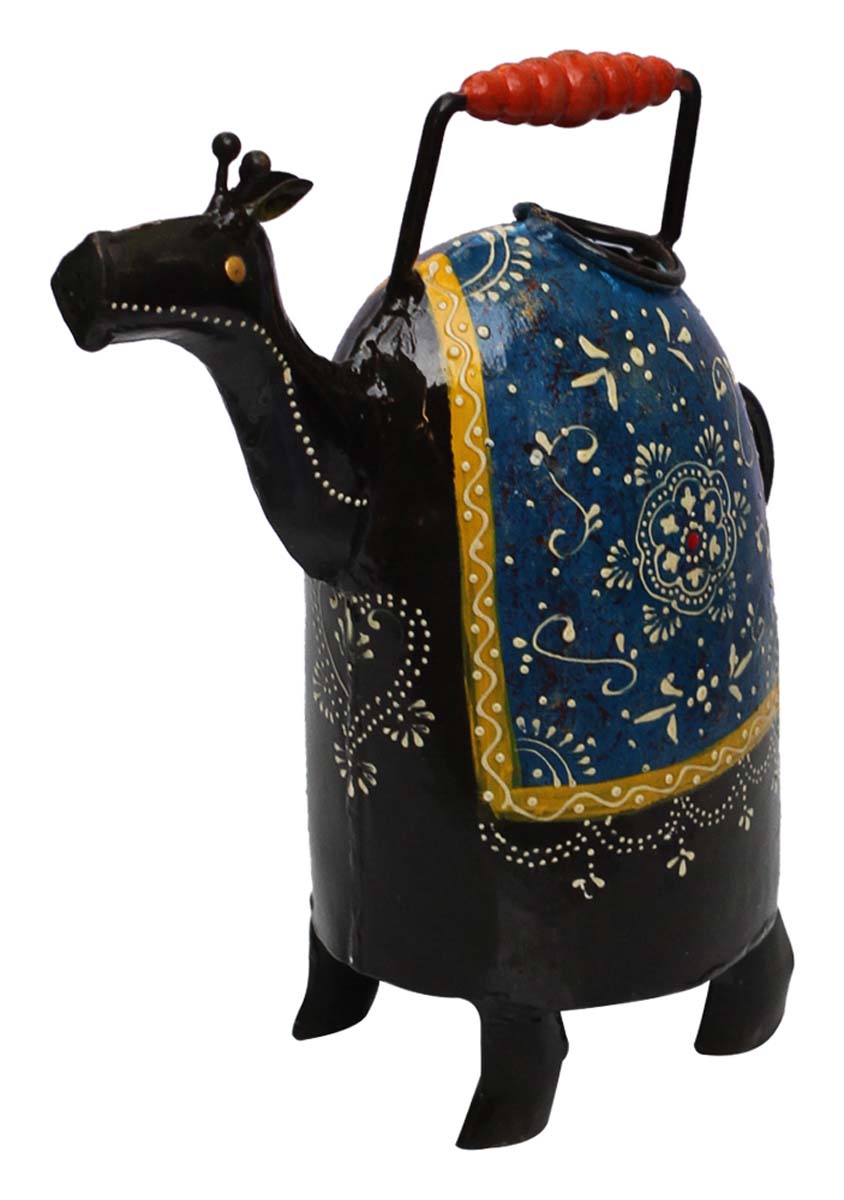 Bulk Wholesale Watering Can/Pot Hand-Crafted 11” Cute Camel-Shaped in Iron Decorated with Cone-Painting Art in Black & Blue Color - Ethnic-Look Home Essentials/Garden Decor from India