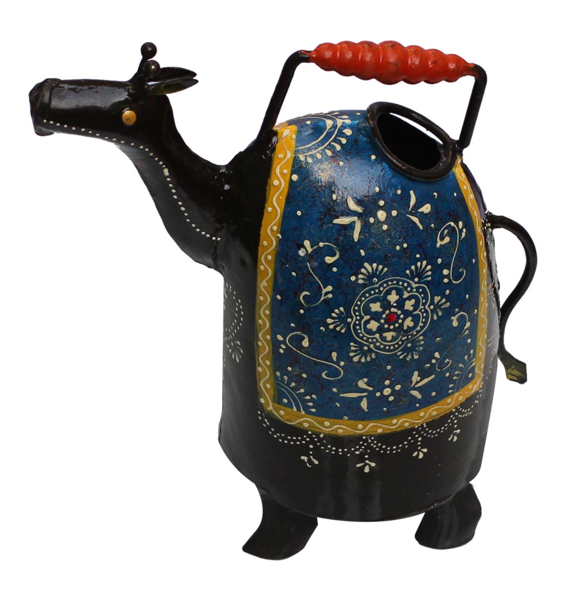 Bulk Wholesale Watering Can/Pot Hand-Crafted 11” Cute Camel-Shaped in Iron Decorated with Cone-Painting Art in Black & Blue Color - Ethnic-Look Home Essentials/Garden Decor from India