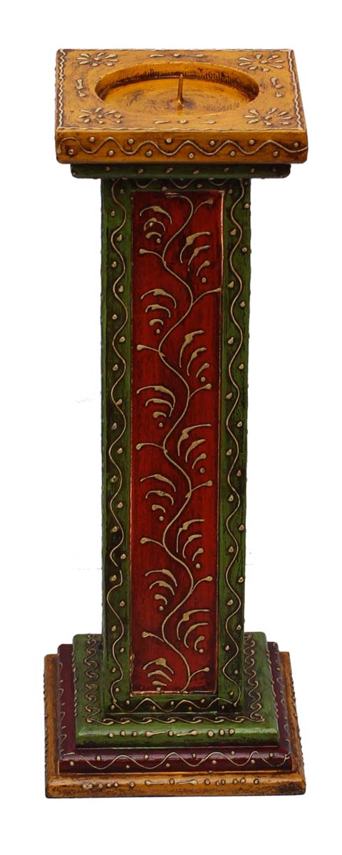 Bulk Wholesale Handmade 15” Red & Green Pillar-Shaped Candle Stand / Tea-Light Holder in Wood Decorated with Colorful Cone-Painting Art– Antique-Look Home Décor from India