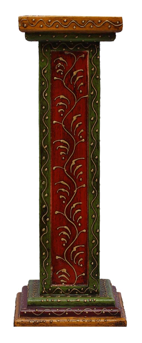 Bulk Wholesale Handmade 15” Red & Green Pillar-Shaped Candle Stand / Tea-Light Holder in Wood Decorated with Colorful Cone-Painting Art– Antique-Look Home Décor from India