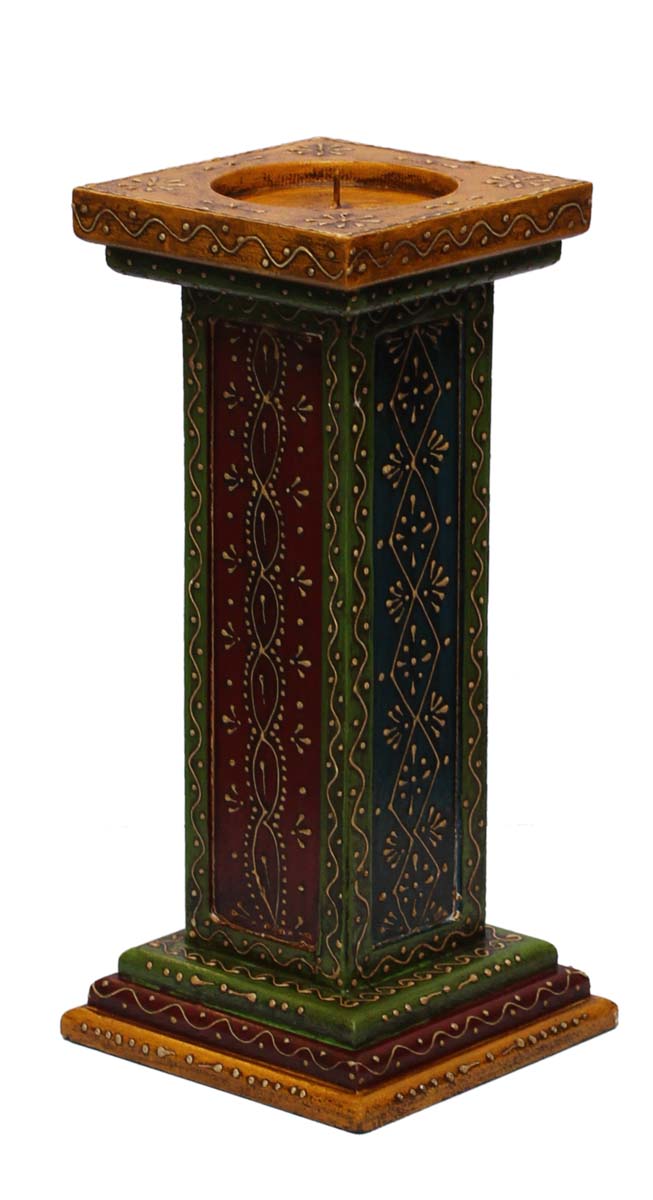 Bulk Wholesale Handmade 12” Red & Green Pillar-Shaped Candle Stand / Tea-Light Holder in Wood Decorated with Colorful Cone-Painting Art– Antique-Look Home Décor from India