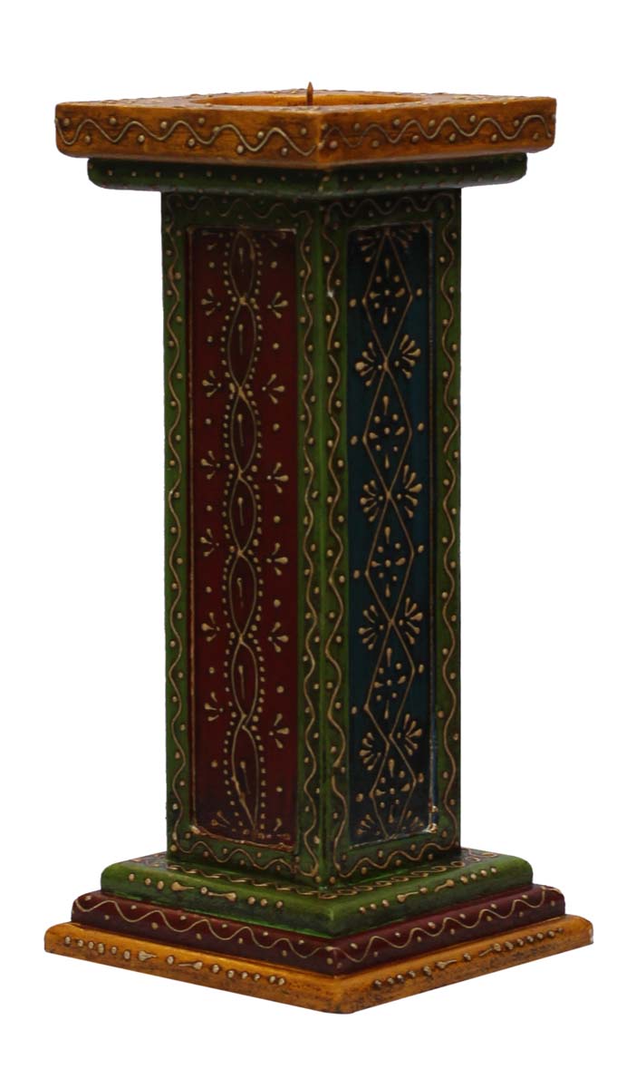 Bulk Wholesale Handmade 12” Red & Green Pillar-Shaped Candle Stand / Tea-Light Holder in Wood Decorated with Colorful Cone-Painting Art– Antique-Look Home Décor from India