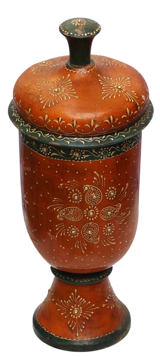 Bulk Wholesale Handmade 16” Wooden Decorative Urn in Orange & Green Color Decorated with Ethnic Style Cone-Painting Art – Antique-Look Home Décor from India