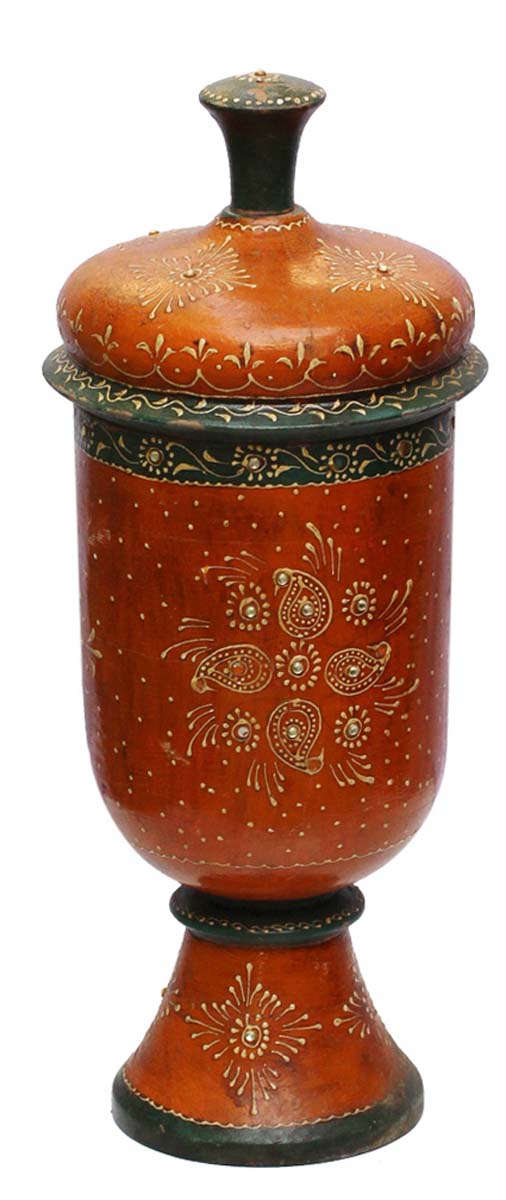 Bulk Wholesale Handmade 16” Wooden Decorative Urn in Orange & Green Color Decorated with Ethnic Style Cone-Painting Art – Antique-Look Home Décor from India