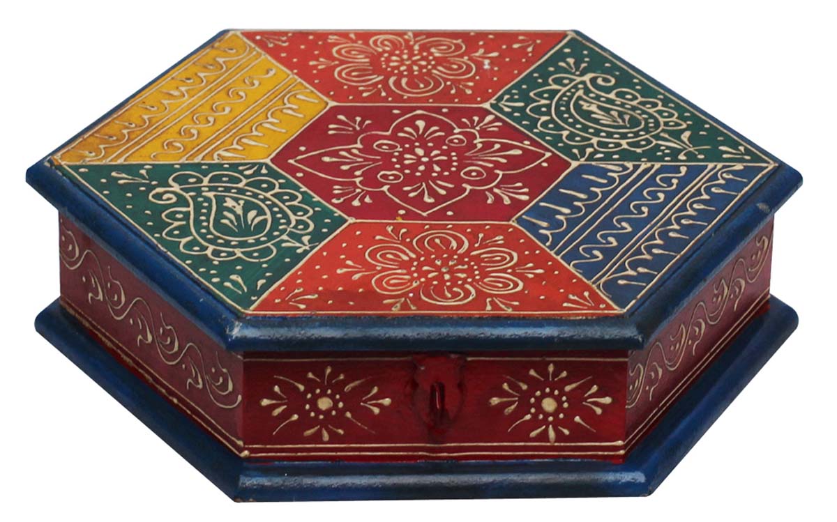 Wholesale 9” Hexagon Shaped Decorative Box in Bulk - Source Handmade Wooden Dry-Fruit/Snacks/Candy Box with 4 Compartments - Decorative Kitchen/Dining Essentials Enhanced with Cone-Painting Art from India