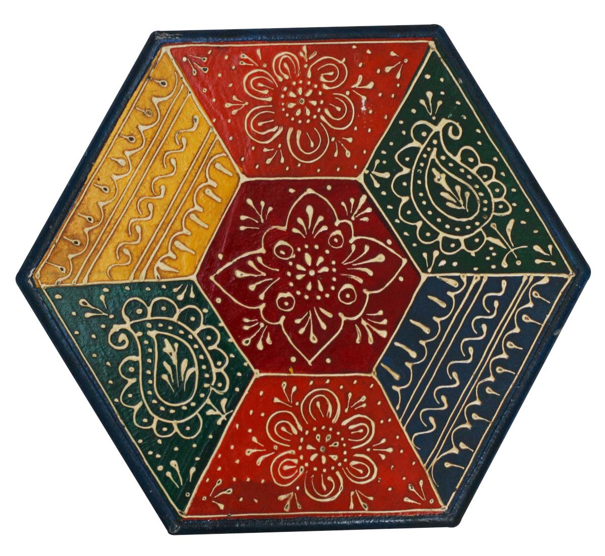 Wholesale 9” Hexagon Shaped Decorative Box in Bulk - Source Handmade Wooden Dry-Fruit/Snacks/Candy Box with 4 Compartments - Decorative Kitchen/Dining Essentials Enhanced with Cone-Painting Art from India