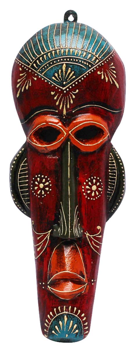 Bulk Wholesale Hand-Crafted 15” Wall Hanging Mask of a Tribal Man in Mango-Wood Painted in Red and Blue Color – Antique-Look Home Décor in Old World Cone-Painting Art from India