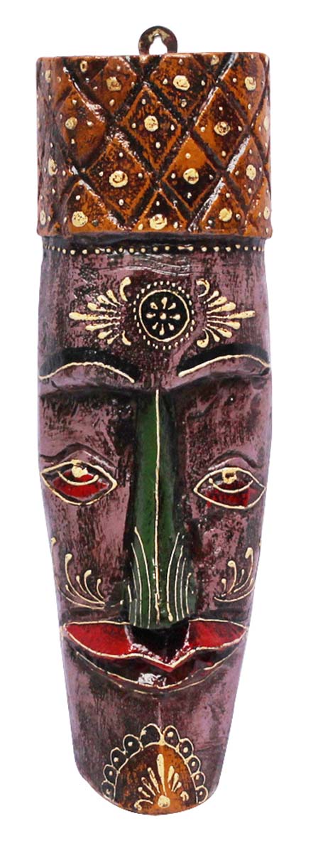 Bulk Wholesale Hand-Crafted 12” Wall Hanging Mask of a Tribal Man in Wood Painted in Red and Olive-Green Color – Antique-Look Home Décor in Old World Cone-Painting Art