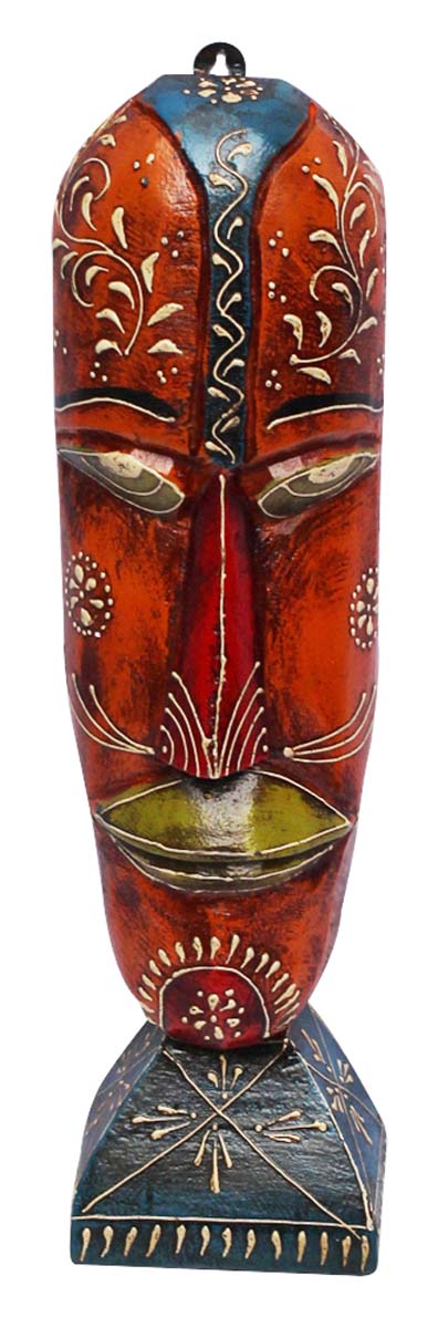 Bulk Wholesale Hand-Crafted 15” Wall Hanging Mask of a Tribal Man in Wood Painted in Orange and Olive-Green Color – Antique-Look Home Décor in Old World Cone-Painting Art