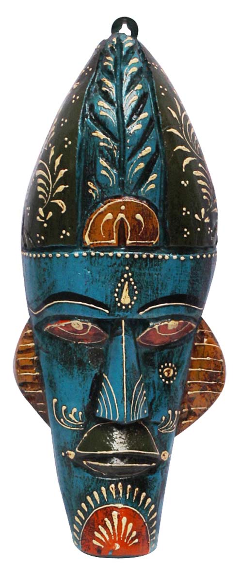 Bulk Wholesale Hand-Crafted 12” Wall Hanging Mask of a Tribal Man in Wood Painted in Dark-Red and Blue Color – Antique-Look Home Décor in Old World Cone-Painting Art