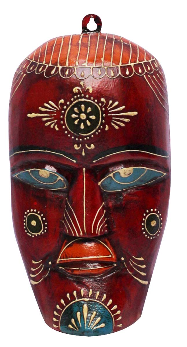 Bulk Wholesale Hand-Crafted 9” Wall Hanging Mask of a Tribal Man in Wood Painted in Red, Orange and Blue Color – Antique-Look Home Décor in Old World Cone-Painting Art