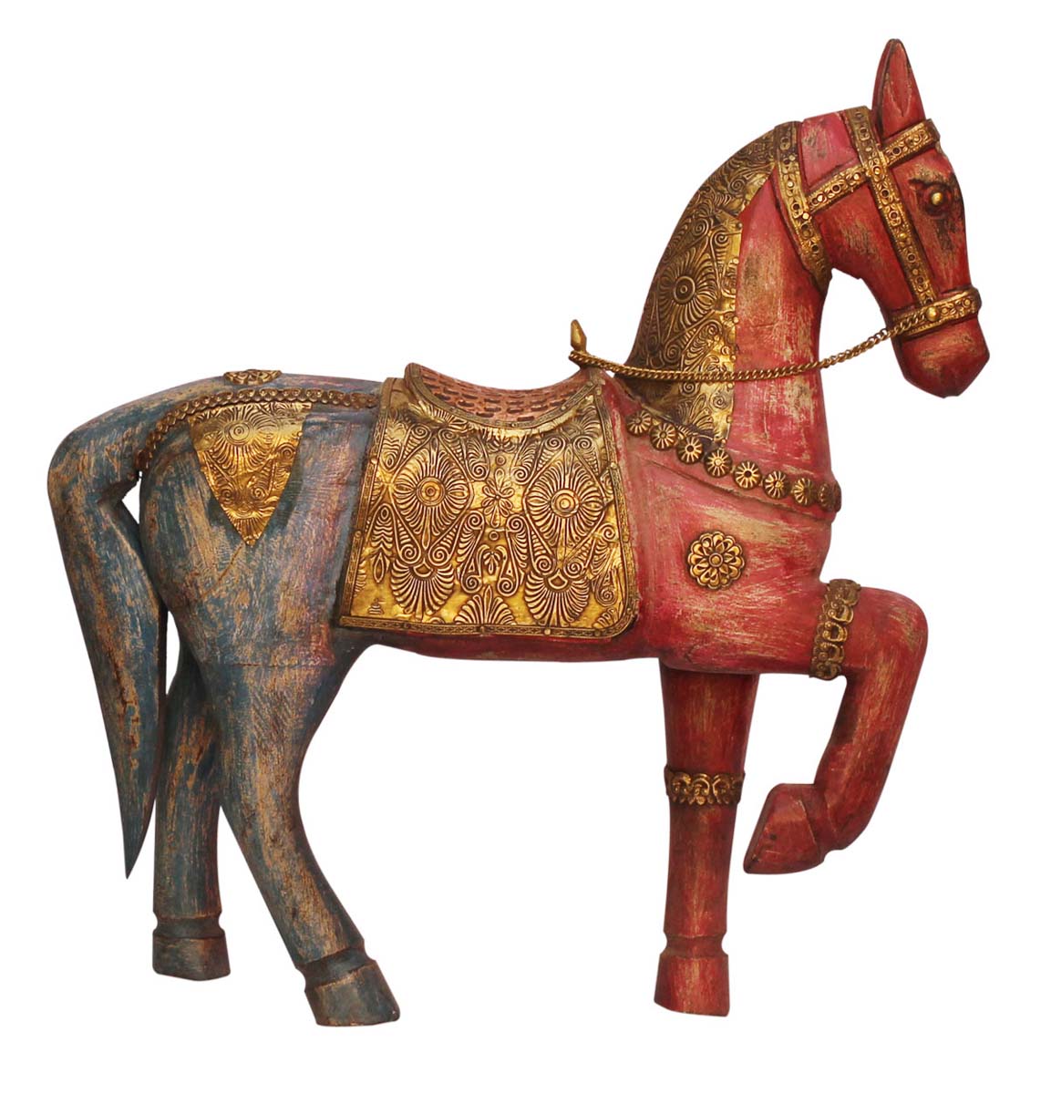 Wholesale Wooden Horse Statue/Figurine - Bulk Buy 15” Distressed Pink & Blue Wood Horse Sculpture with Golden Metal Trappings - Decorative Home Decor Statues & Gift Sculptures