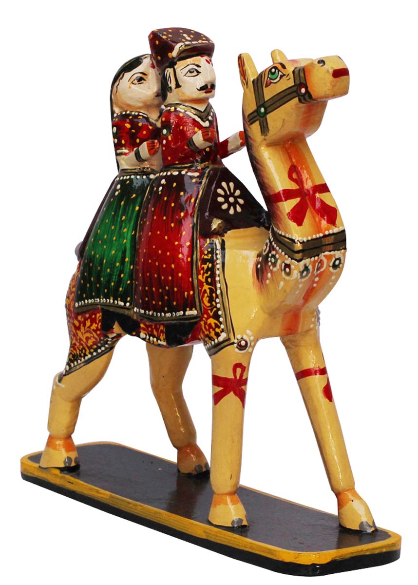 Bulk Wholesale Hand-Carved 10” Mango-Wood Decoration Piece of Cream Colored Camel with King & Queen Sitting on it  – Ethnic-Look Home Décor from India