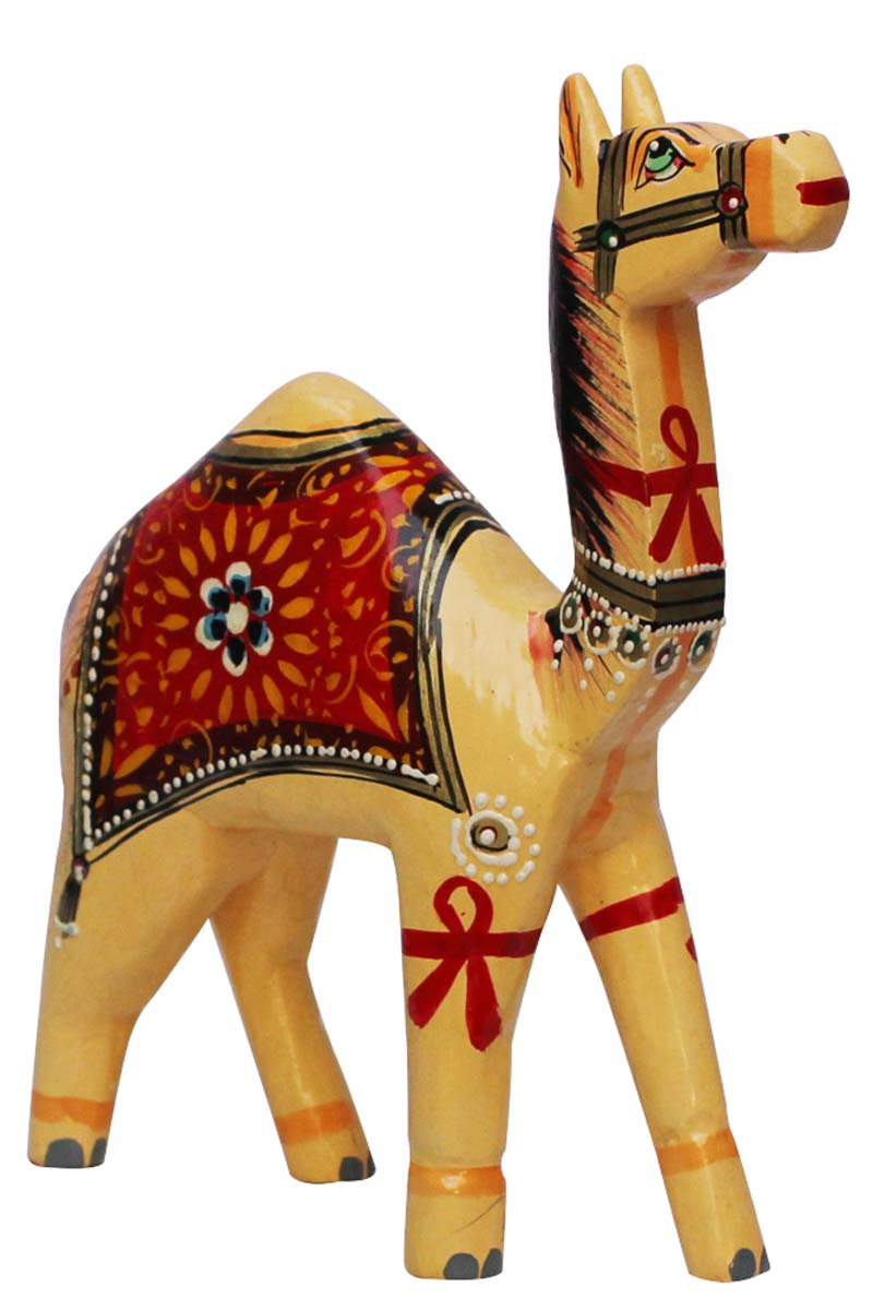 Wholesale Hand-Carved 8” Decoration Piece of Cream Colored Camel Adorned with Bright Colors in Mango-Wood – Antique-Look Home Décor from India