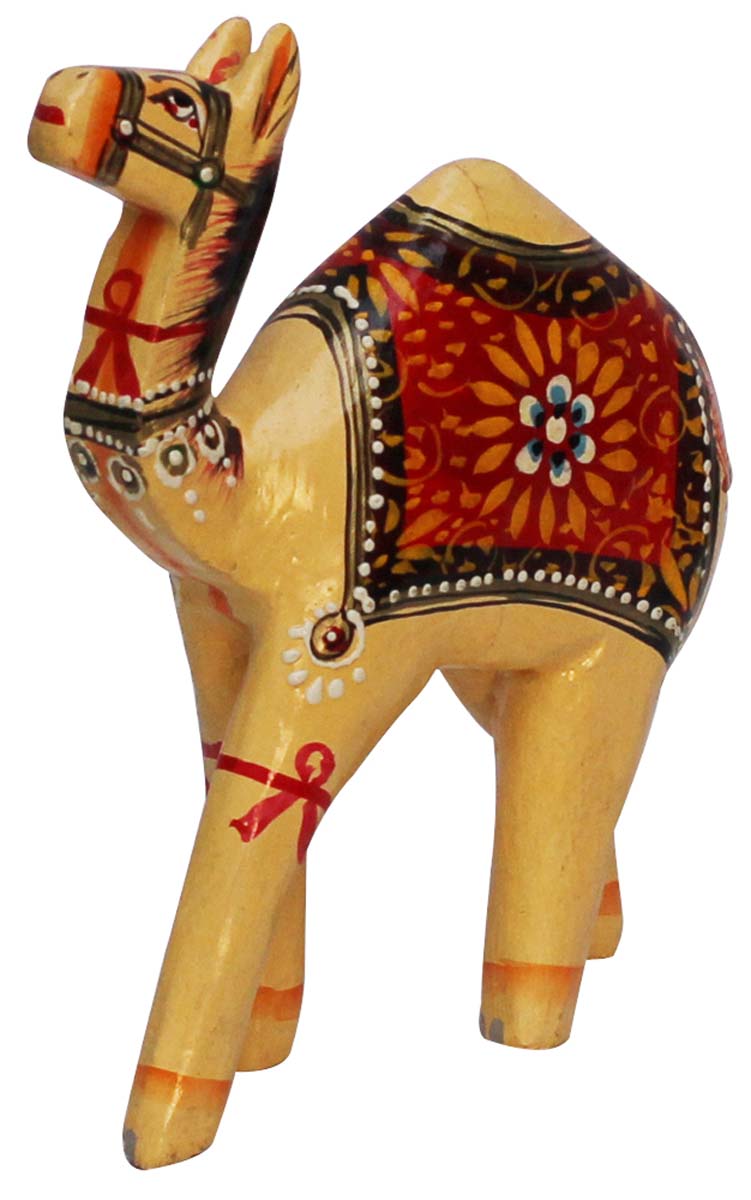 Wholesale Hand-Carved 6” Decoration Piece of Cream Colored Camel Adorned with Bright Colors in Mango-Wood – Antique-Look Home Décor from India
