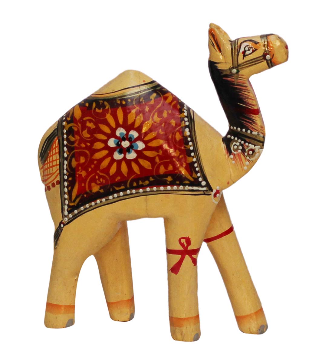 Wholesale Hand-Carved 6” Decoration Piece of Cream Colored Camel Adorned with Bright Colors in Mango-Wood – Antique-Look Home Décor from India