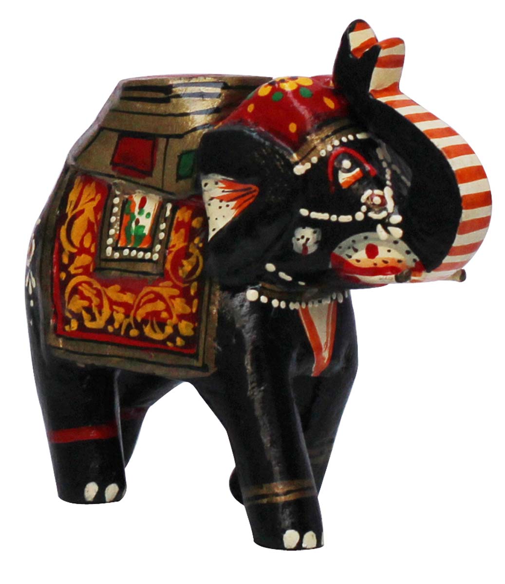 Bulk Wholesale Hand-Crafted 4” Decoration Piece of Black Elephant Adorned with Bright Colors in Wood – Antique-Look Home Décor from India