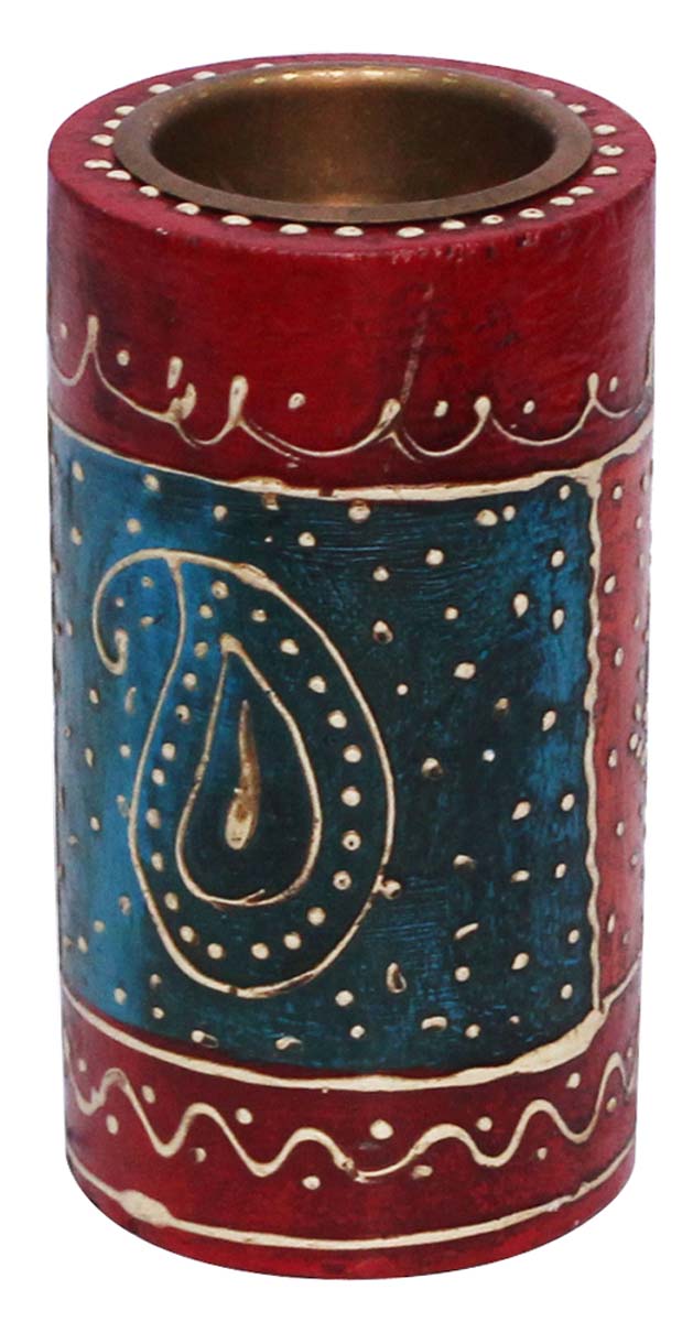 Bulk Wholesale Handmade 4.5” Red & Blue Cylindrical-Shaped Candle Stand / Tea-Light Holder in Wood Decorated with Colorful Cone-Painting Art– Antique-Look Home Décor from India