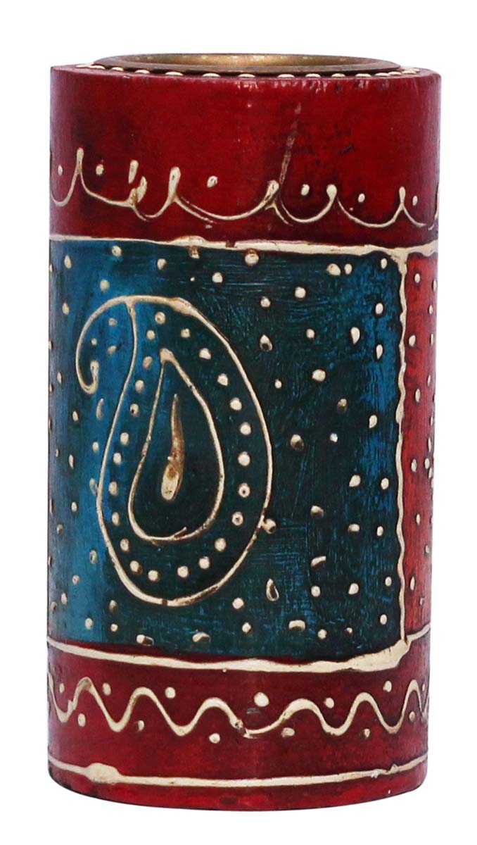 Bulk Wholesale Handmade 4.5” Red & Blue Cylindrical-Shaped Candle Stand / Tea-Light Holder in Wood Decorated with Colorful Cone-Painting Art– Antique-Look Home Décor from India