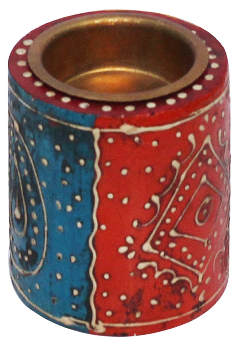 Bulk Wholesale Handmade 3” Red & Blue Cylindrical-Shaped Candle Stand / Tea-Light Holder in Wood Decorated with Colorful Cone-Painting Art– Antique-Look Home Décor from India