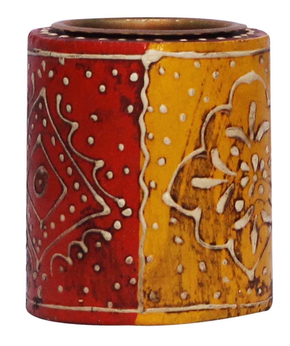 Bulk Wholesale Handmade 3” Red & Blue Cylindrical-Shaped Candle Stand / Tea-Light Holder in Wood Decorated with Colorful Cone-Painting Art– Antique-Look Home Décor from India