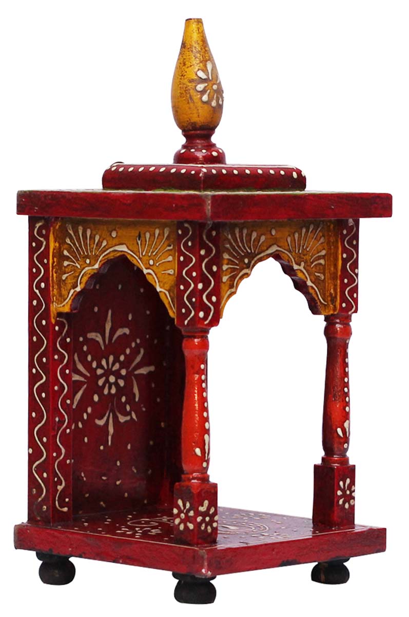 Bulk Wholesale Hand-Crafted 10” Red & Yellow Wooden Temple-Shaped Decoration-Piece Decorated with Old-World Art of Cone-Painting – Ethnic-Look Home Décor from India