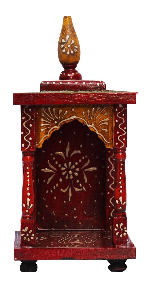 Bulk Wholesale Hand-Crafted 10” Red & Yellow Wooden Temple-Shaped Decoration-Piece Decorated with Old-World Art of Cone-Painting – Ethnic-Look Home Décor from India