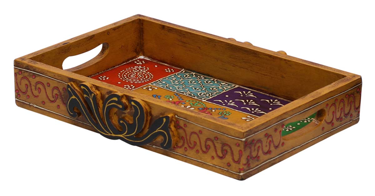 Bulk Wholesale Mustard-Yellow Serving Tray in Hand-Crafted 12” Wood Decorated with Old-World Art of Cone Painting in Bright Colorful Motifs - Antique-Look Trays from India