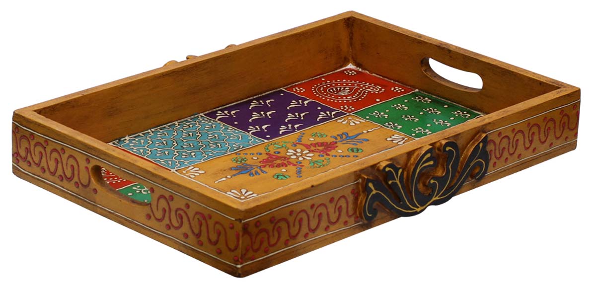 Bulk Wholesale Serving Tray in Wood Hand-Crafted 15” Mustard-Yellow Decorated with Old-World Art of Cone Painting in Bright Colorful Motifs