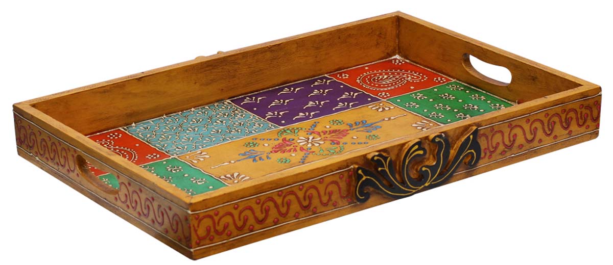 Bulk Wholesale Serving Tray in Wood Hand-Crafted 18” Mustard-Yellow Decorated with Old-World Art of Cone Painting in Bright Colorful Motifs - Antique-Look Trays from India