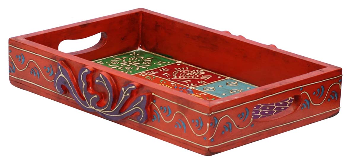 Bulk Wholesale Serving Tray in Wood Hand-Crafted 12” Orange Decorated with Old-World Art of Cone Painting in Bright Colorful Motifs - Antique-Look Trays from India