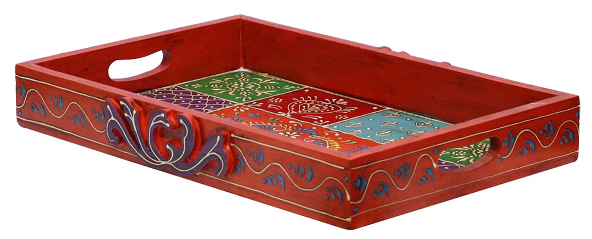 Bulk Wholesale 15” Orange Serving Tray in Wood Hand-Crafted Decorated with Old-World Art of Cone Painting in Bright Colorful Motifs - Antique-Look Trays from India