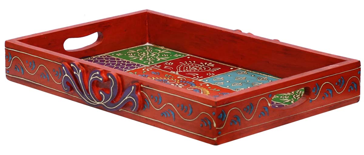 Bulk Wholesale Serving Tray in Wood Decorated Hand-Crafted 18” Orange with Old-World Art of Cone Painting in Bright Colorful Motifs - Antique-Look Trays from India