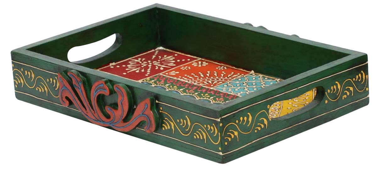 Bulk Wholesale Serving Tray in Wood Hand-Crafted 12” Dark-Green Decorated with Old-World Art of Cone Painting in Bright Colorful Motifs - Antique-Look Trays from India