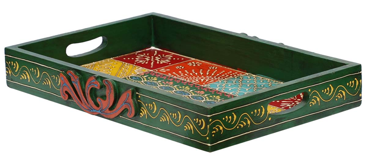 Bulk Wholesale Serving Tray in Wood Hand-Crafted 15” Dark-Green Decorated with Old-World Art of Cone Painting in Bright Colorful Motifs - Antique-Look Trays from India