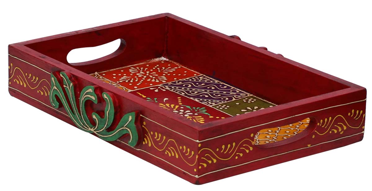 Bulk Wholesale Hand-Crafted 12” Red Serving Tray in Wood Decorated with Old-World Art of Cone Painting in Bright Colorful Motifs - Antique-Look Trays from India