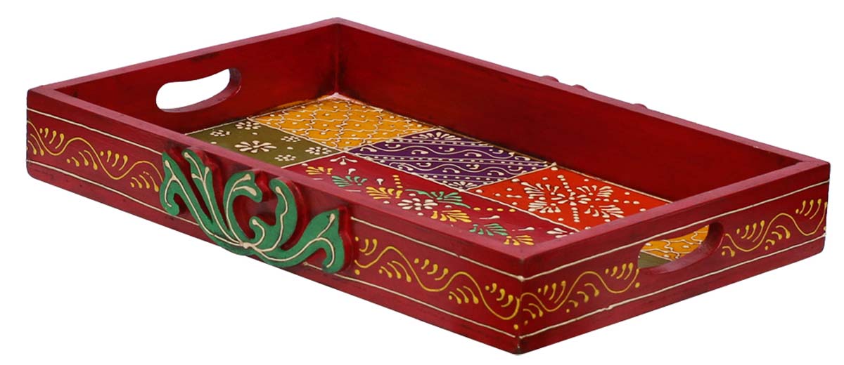 Bulk Wholesale Red Serving Tray in Wood Hand-Crafted 15” Decorated with Old-World Art of Cone Painting in Bright Colorful Motifs - Antique-Look Trays from India