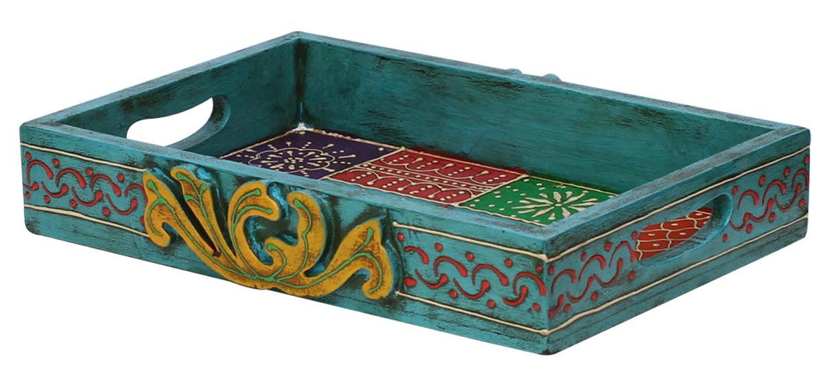 Bulk Wholesale Serving Tray in Wood 12” Sky-Blue Decorated with Old-World Art of Cone Painting in Bright Colorful Motifs - Antique-Look Trays from India