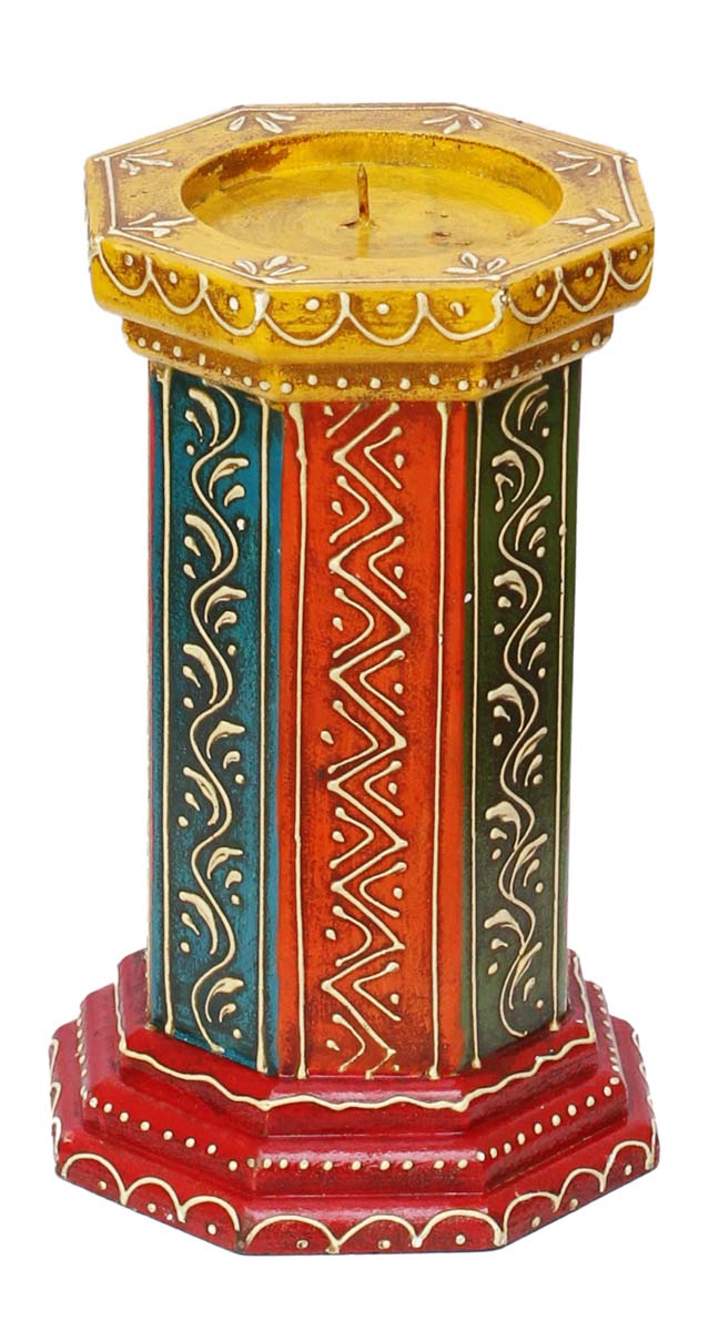 Bulk Wholesale Handmade 9” Multicolored Pillar-Shaped Candle Stand / Tea-Light Holder in Wood Decorated with Colorful Cone-Painting Art– Antique-Look Home Décor from India