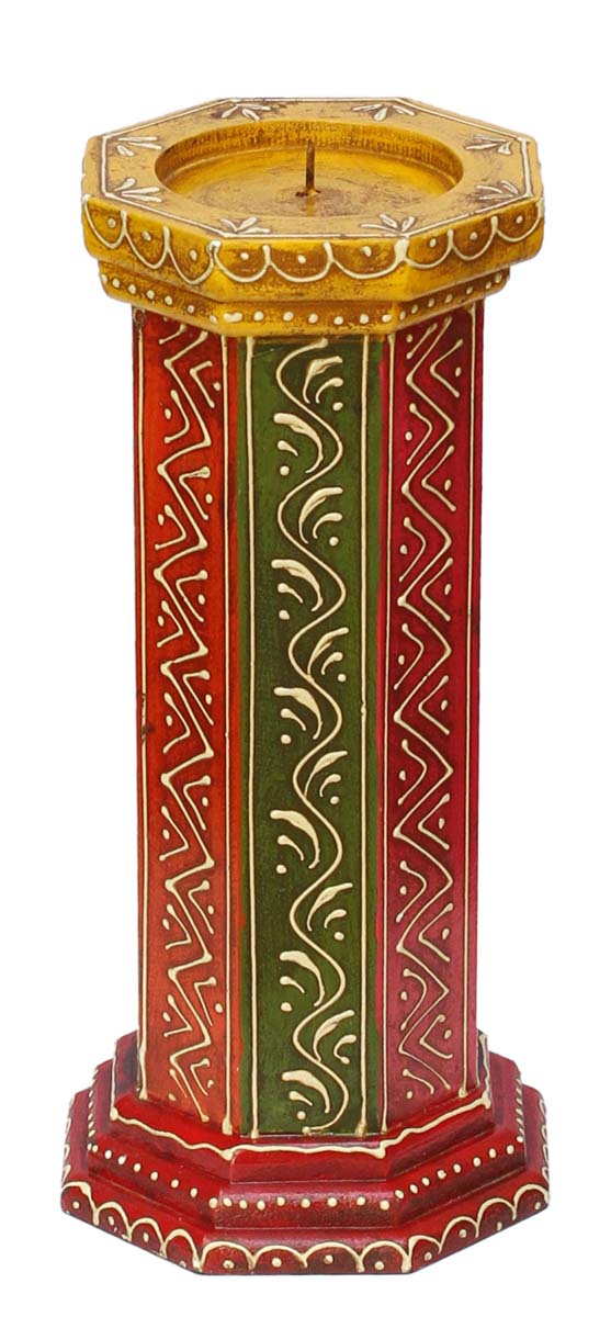 Bulk Wholesale Handmade 12” Multicolored Pillar-Shaped Candle Stand / Tea-Light Holder in Wood Decorated with Colorful Cone-Painting Art– Antique-Look Home Décor from India
