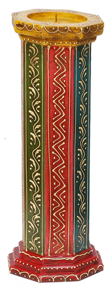 Bulk Wholesale Handmade 15” Multicolored Pillar-Shaped Candle Stand / Tea-Light Holder in Wood Decorated with Colorful Cone-Painting Art– Antique-Look Home Décor from India