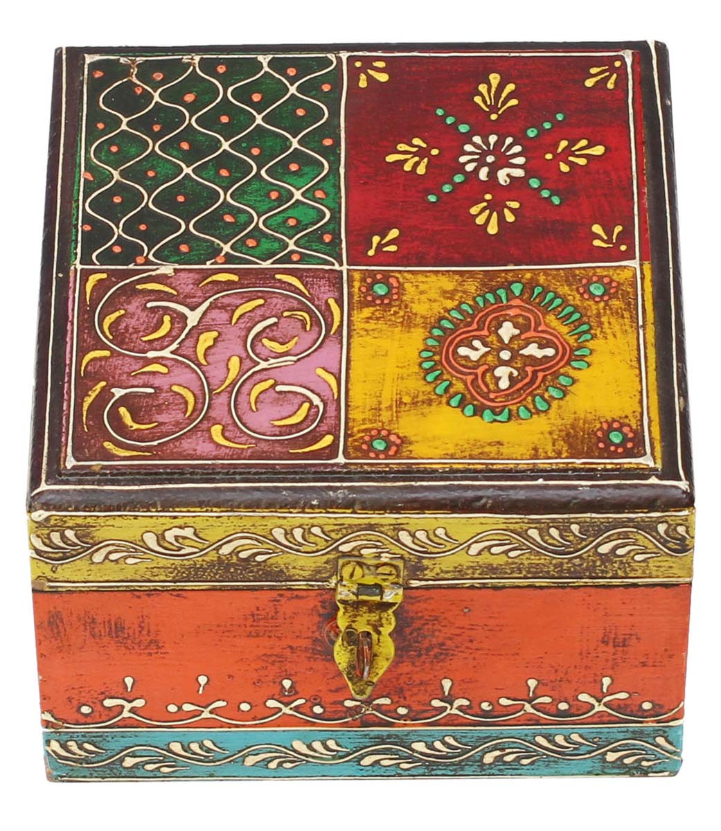 Source Hand-Crafted6x6” Jewelry Box in Bulk - Wholesale Handmade Wood Jewelry Box/Trinket Box in Multicolors Decorated with Cone Painting Art & a Metal Lock from India