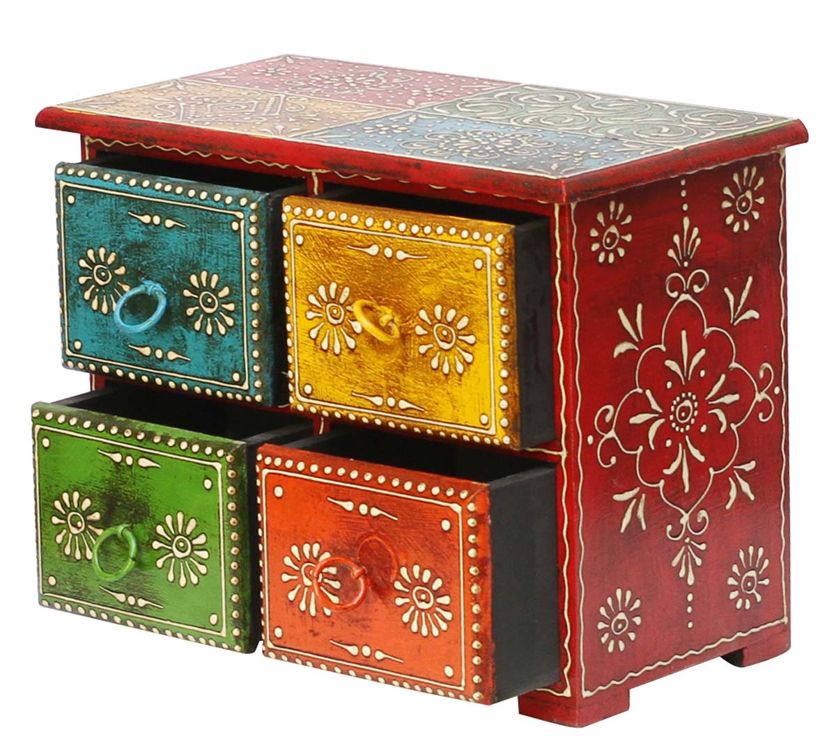 9.5” Wooden Jewelry Box in Bulk - Wholesale Orange, Blue, Yellow Green Jewelry Box/Trinket Box in Wood with 4 Drawers Decorated with Old World Cone Painting Art from India